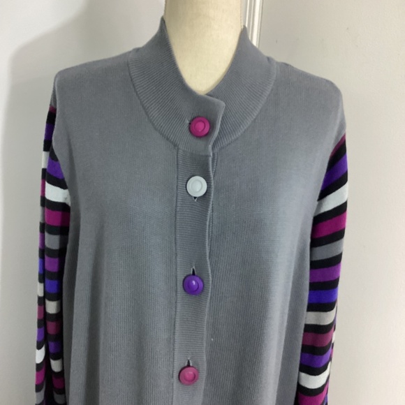 NWT BOB MACKIE WEARABLE ART PLUS 2X KNIT GRAY LONG CARDIGAN STRIPED SLEEVES - Picture 2 of 14